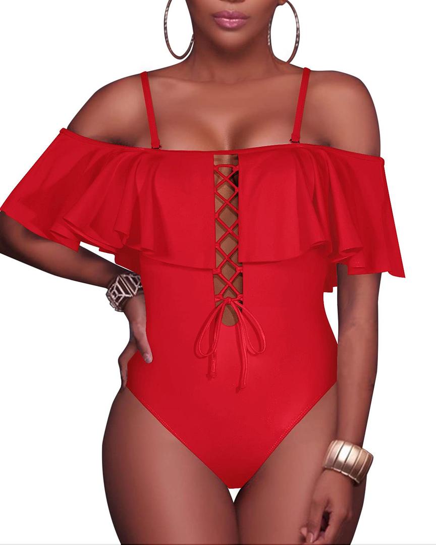 Tempt Me Women Red Sexy One Piece Swimsuit Ruffled Off Shoulder Lace Up Bathing Suit, M, Red