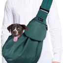 Lukovee Pet Sling, Hand Free Dog Sling Carrier Adjustable Padded Strap Tote Bag Breathable Cotton Shoulder Bag Front Pocket Safety Belt Carrying Small Dog Cat Puppy Machine Washable (Green, M)