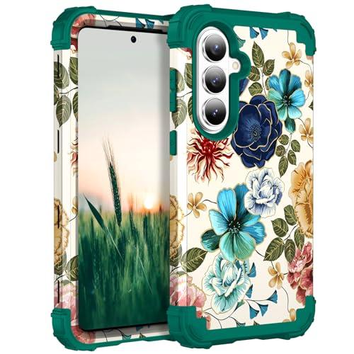 Hocase for Galaxy S26 Case, Shockproof Heavy Duty Protection Soft Silicone Rubber Bumper+Hard Plastic Hybrid Protective Case for Samsung Galaxy S26 5G (6.3") 2026 - Teal Flowers