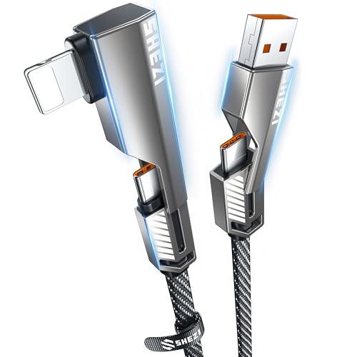 SHEZI 4-in-1 USB C Cable 3FT Compatible with Lightning Cable 90 Degree, Fast Charging&Data Transfer, Flat Nylon Braided Charger Cord Combo, USB A/C to C/L Multi Charge Cable for iPhone/iPad