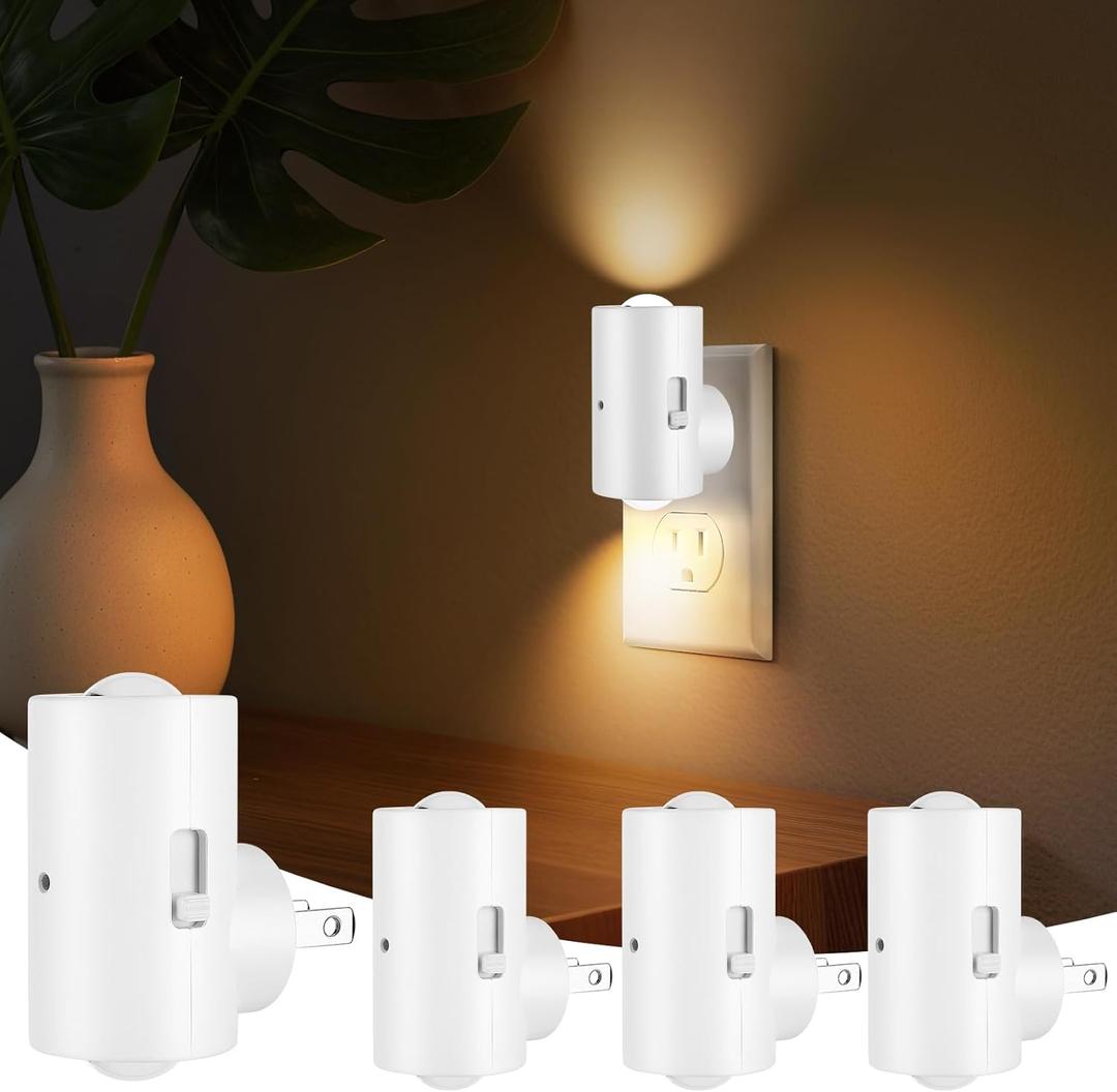 4 Pack LED Night Light, Dimmable Plugin Wall Nite Light with Dusk to Dawn Auto On/Off, 180° Rotating Head, 2700K Warm White, 0200 LM for Nursery, Hallway, Bathroom