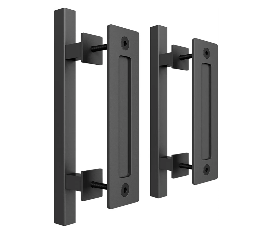 SMARTSTANDARD 2 Pack Barn Door Handles Set, 12" Large Rustic Two-Side Design, Pull and Flush Sliding Door Handle for Gates Garages Sheds Furniture, Black, Square