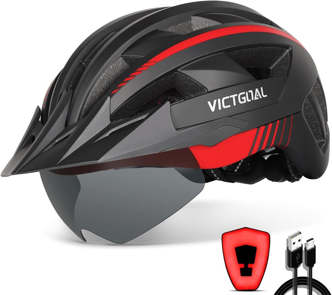 VICTGOAL Bike Helmet with USB Rechargeable Rear Light Detachable Magnetic Goggles Removable Sun Visor Mountain & Road Bicycle Helmets for Men Women Adult Cycling Helmets (M: 54-58 cm, Black Red)