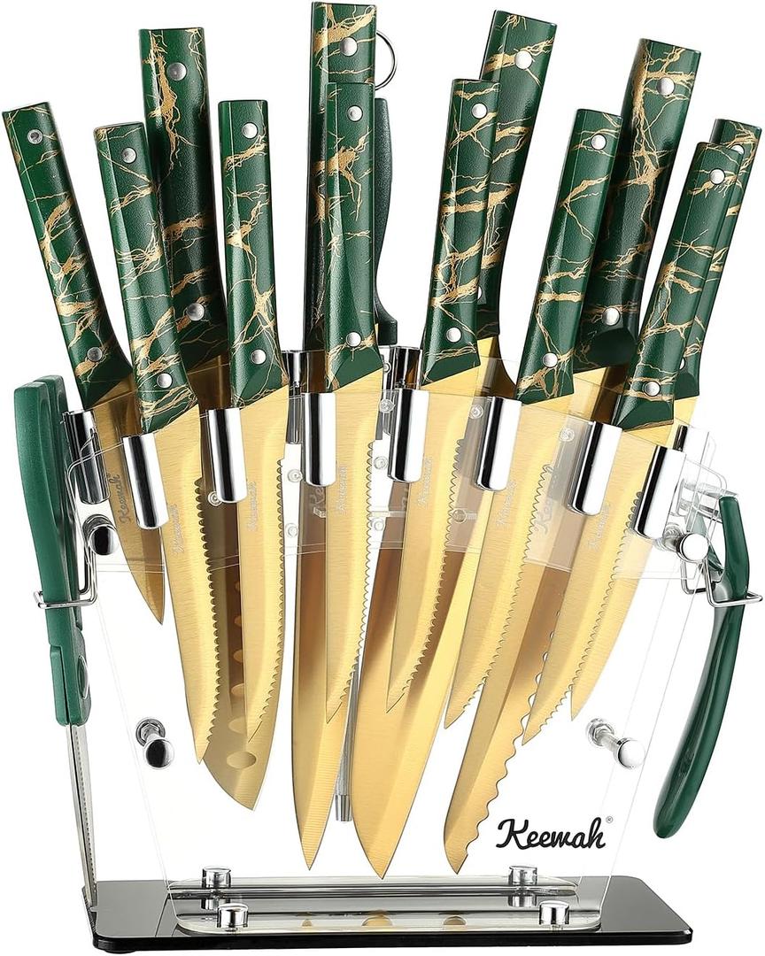 Keewah Knife Set, 16 Piece Kitchen Knives set with Acrylic Stand, Gold