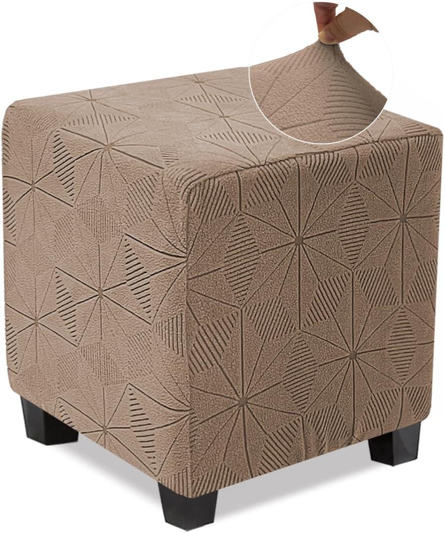 NeColorLife Ottoman Cover - Stretch Slipcover, Knitted Jacquard Fabric for Square Ottoman, Storage Stool, Footstool Protector (Light Coffee, 1PC)