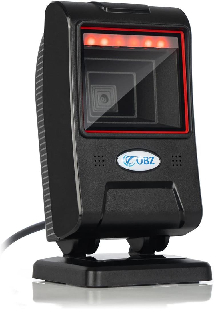 OBZ 1D 2D Desktop Barcode Scanner, QR Barcode Reader USB Handsfree Wired Scanner with Adjustable Scan Head, Automatic Barcode Reader for Android Windows Computer POS Stores Payment (2D QR Code Scanner)