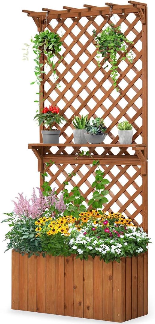 Quictent Raised Garden Bed Wood Planter Box with Lattice Trellis for Vine Climbing Plants Flower Free-Standing, for Patio Garden Indoor Outdoor 36.42X29.53X3.23 inch