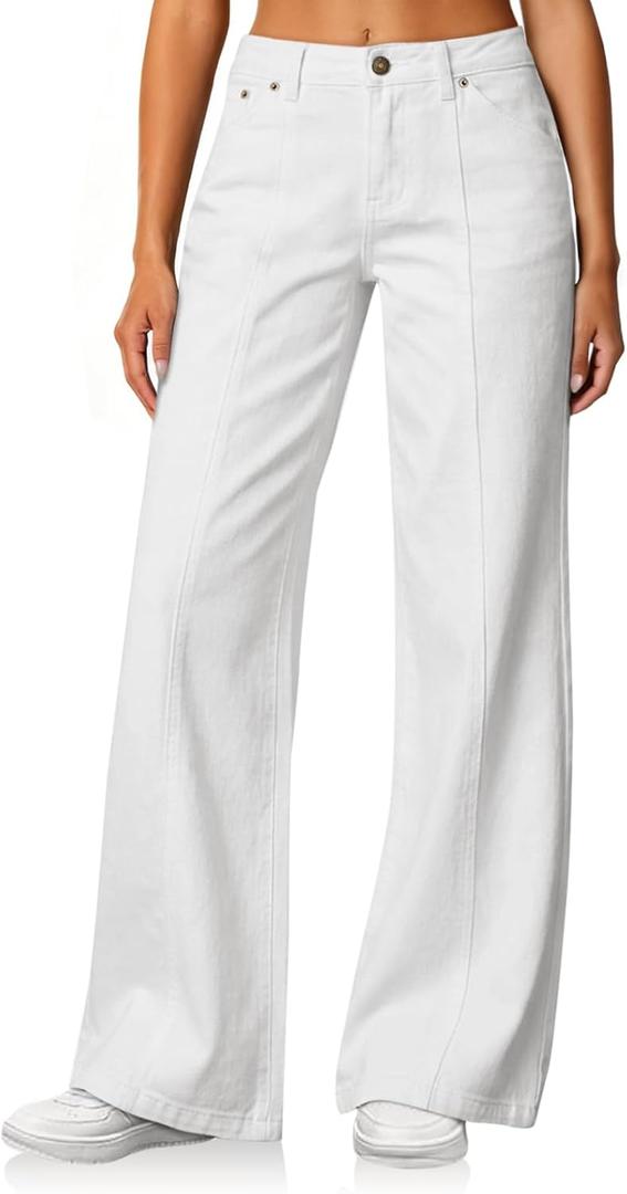 Cicy Bell Womens Wide Leg Jeans High Waisted Baggy Stretchy Front Seam Denim Pants with Pockets, White, 12