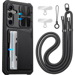 ATATOO for Samsung Galaxy S25 FE Case Wallet with Lanyard, Phone Strap Crossbody for Women Men, Card Holder, Slide Camera Cover, Military Grade Protection, Case for Galaxy S25 FE 6.7", Black