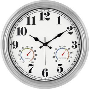 JENLYSTIME 16 Inch Silver Vintage Waterproof Indoor/Outdoor wall Clock with Thermometer & Hygrometer, Large Numerals & Silent Sweep Movement - Ideal for Porch, Garden, Pool