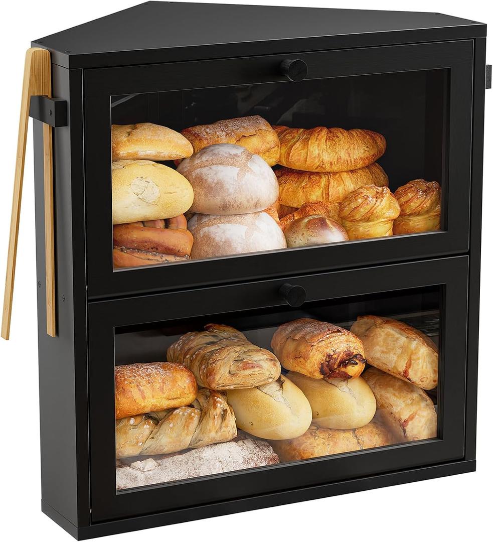 WOWLIVE Corner Bread Box for Kitchen Countertop, Large Double Layer Bread Storage Container for Homemade Bread, Black Bread Holder for Kitchen Counter, Under Cabinet Organizer (Black, Extra Large)