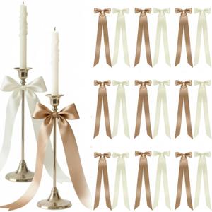 Lyrow 36 Pcs Champagne Ivory Long Satin Ribbon Bows for Wedding Valentine Candlestick Chairs Hair Bows for Women Bridal Baby Shower Backdrop Wine Glass DIY Birthday Party Table Decor(19.7" x 5.28") (Brown, Beige)