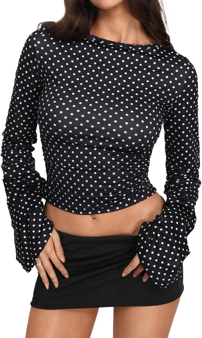 Milumia Women's Polka Dots Bell Sleeve Crop Tee Top Y2K Ruched Slim Fit Going Out T Shirt (Large, Black)
