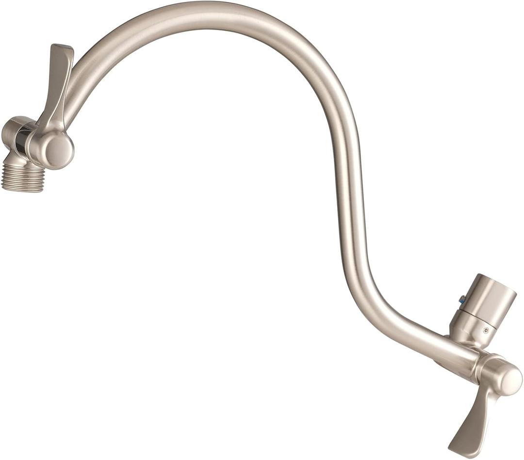 Voolan All Metal Shower Head Extension Arm, 14 Inch Curved Solid Brass Adjustable Shower Arm, Universal Connection Pipe, Flexible Height, Brushed Nickel