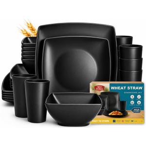 Teivio 24-piece Plastic Wheat Straw Square Dinnerware Set for 6, Unbreakable Dinner Plates, Salad Plates, Snack Bowls, Tumblers 13.5 oz, Dishwasher Safe, Outdoor Kitchen RV Dishes, Black