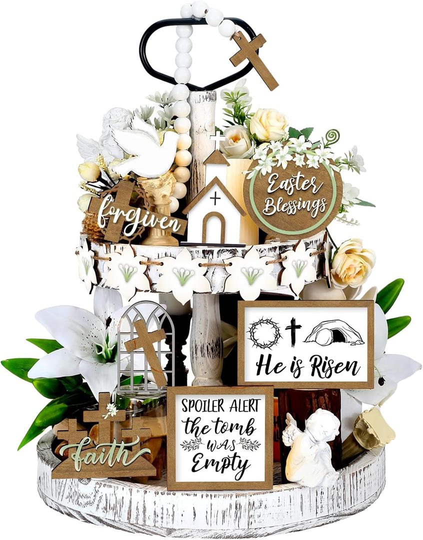 FairySandy 15 Piece Easter Tiered Tray Decor Set He is Risen Jesus Wood Sign Farmhouse Rustic Religious Tiered Tray Ornament Wood Table Centerpieces with Christian Cross Sign Easter Decor