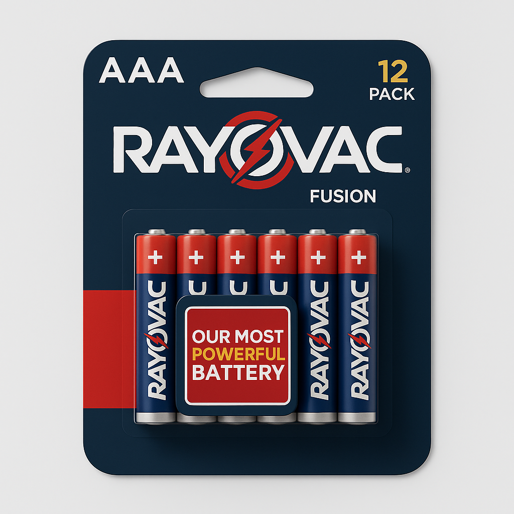 Rayovac Fusion AAA Batteries, Premium Alkaline Triple A Batteries (12 Battery Count) Red, Silver