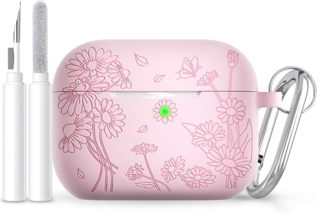 for AirPods Pro 3 Case (2025) DamonLight Daisy Floral Engraved Shockproof Protective Soft Silicone Case Cover with Cleaning Pen and Keychain for Apple Airpods Pro 3rd Generation (Pink)