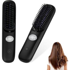 Go Brush Pro Portable Cordless Hair Straightener Brush for Travel, Fast Heating Straightening Comb with LCD Display & F/C Switch, Rechargeable Anti-Frizz Styling Tool for Smooth Shiny Hair (Black)