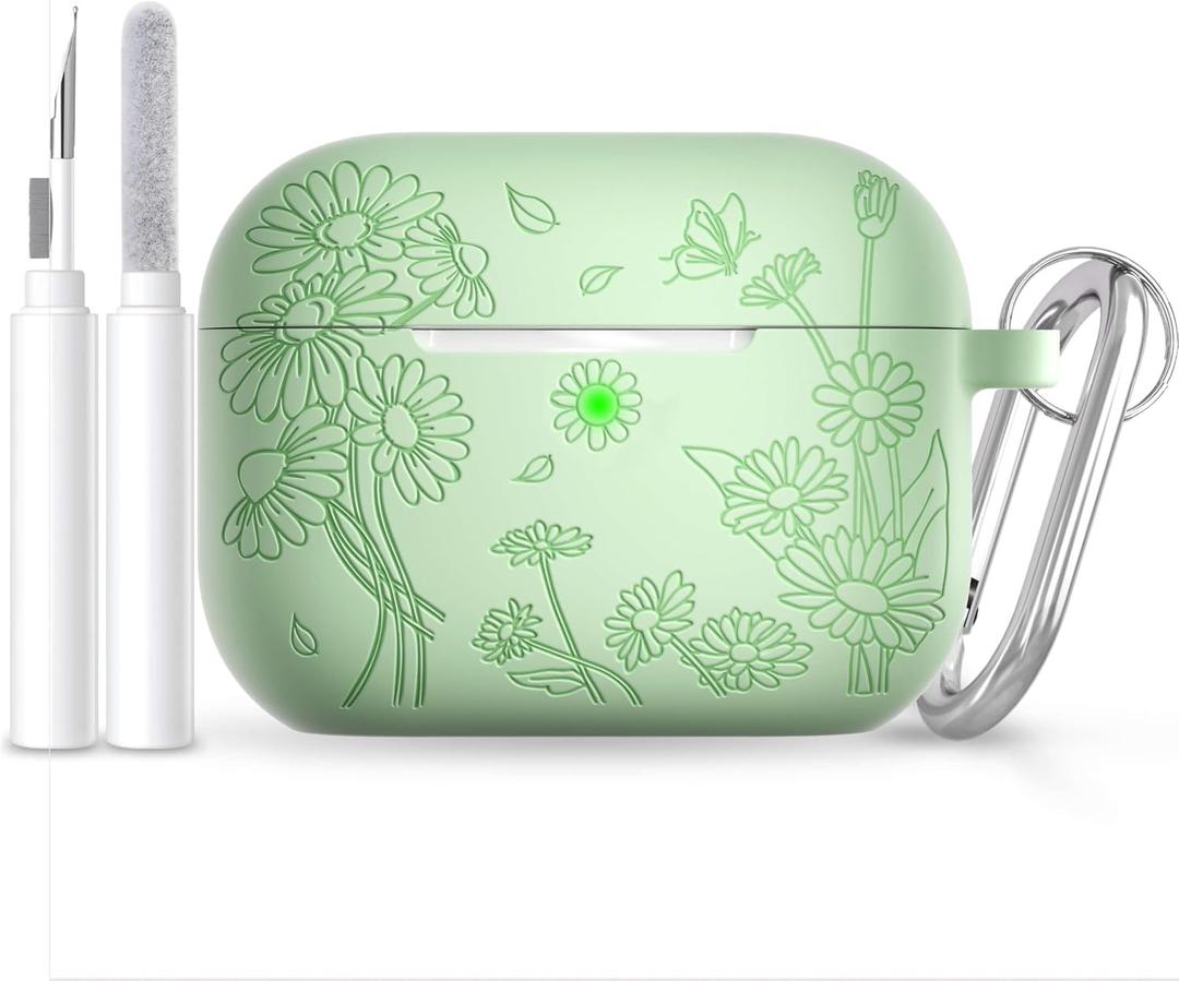 for AirPods Pro 3 Case (2025) DamonLight Daisy Floral Engraved Shockproof Protective Soft Silicone Case Cover with Cleaning Pen and Keychain for Apple Airpods Pro 3rd Generation(Avocado Green)