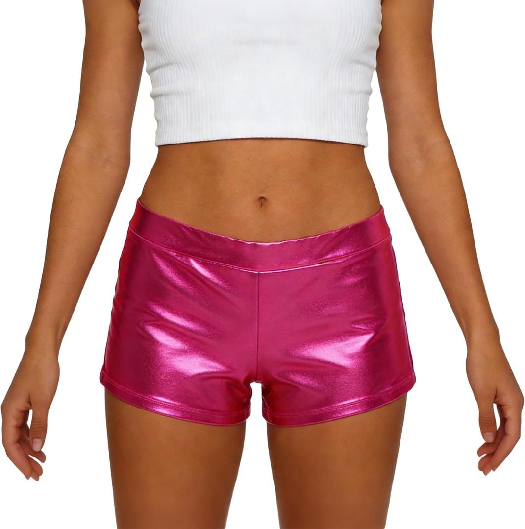 Women's Shiny Metallic Rave Booty Shorts Hot Pants Dance Bottom (Pink, L)