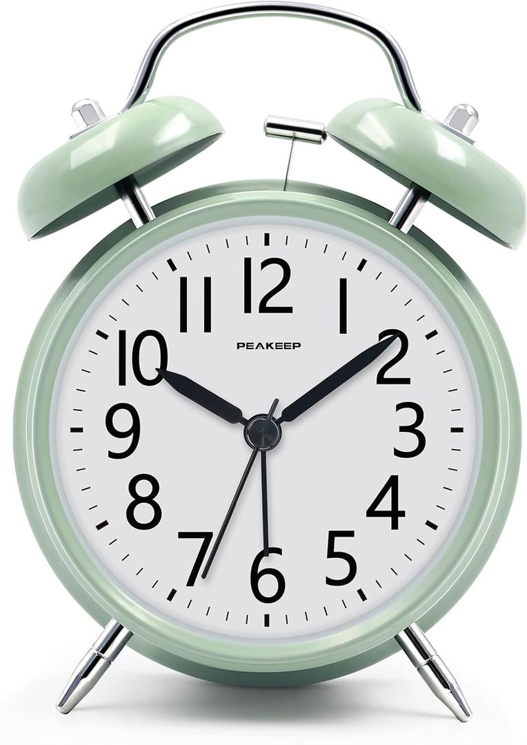 Peakeep Loud Battery Alarm Clock for Heavy Sleepers Adults Kids, Analog 4.5" Twin Bell Old School Fashioned Style for Bedrooms Living Room Decor (Avocado Green)