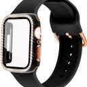 Compatible with Apple Watch Band and Case 38mm 40mm 41mm 42mm 44mm 45mm Women, Soft Silicone Bands and Bling Diamond Case & Glass Screen Protector for iWatch Series 9 8 7 6 5 4 3 2 1 and SE (Black)