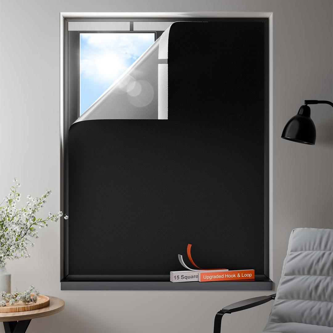 100% Blackout Curtains, Portable No Drill Window Shades, DIY Blackout Window Cover with Hook and Loop, for Bedroom, Baby Nursery, Travel, DormRoom, Apartment (35" x 60")