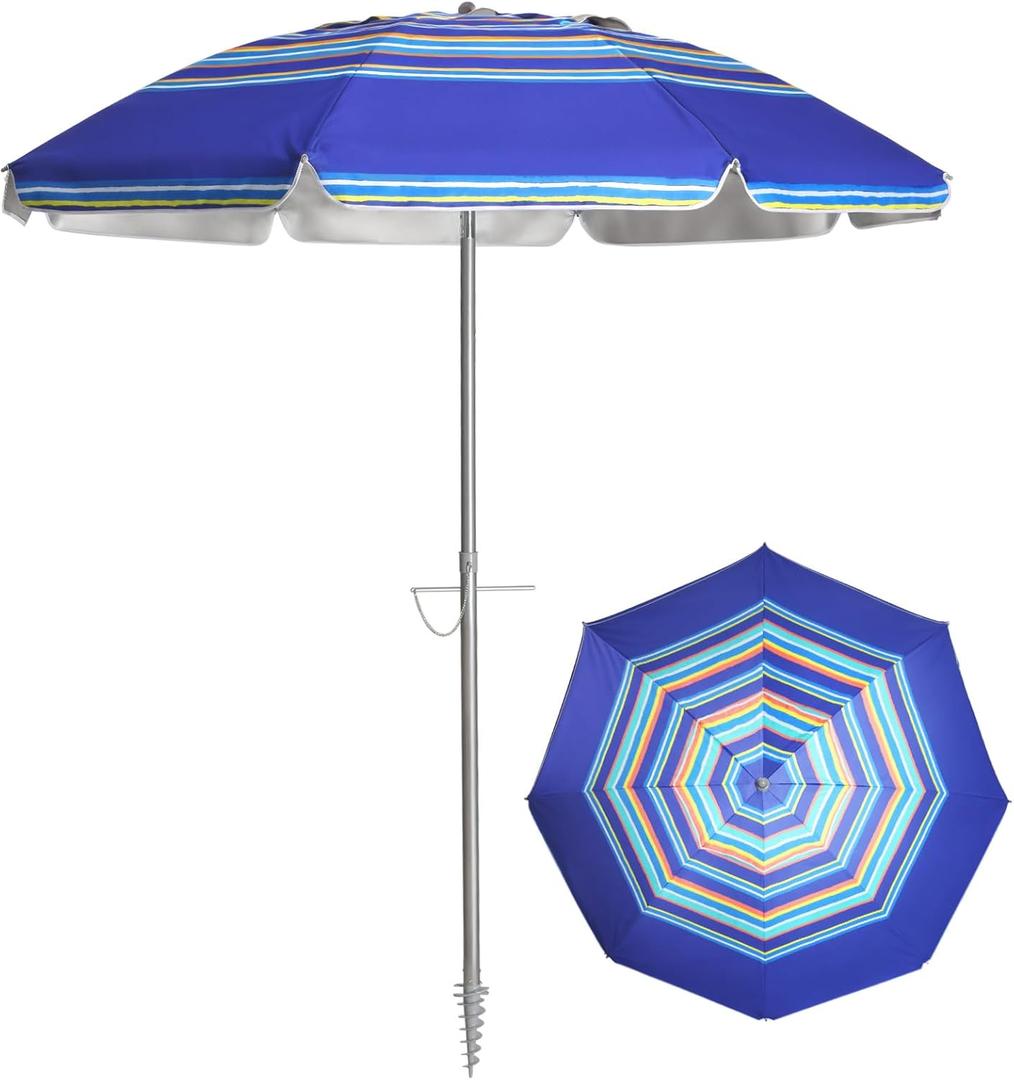 7ft Beach Umbrella with Sand Anchor & Tilt, UPF 50+ Protection Beach Umbrellas for Sand, Beach Umbrellas for Heavy Duty Wind Portable with Carry Bag, for Patio Garden Pool, Dark Blue StripesRandom pattern (Dark Blue Stripes)