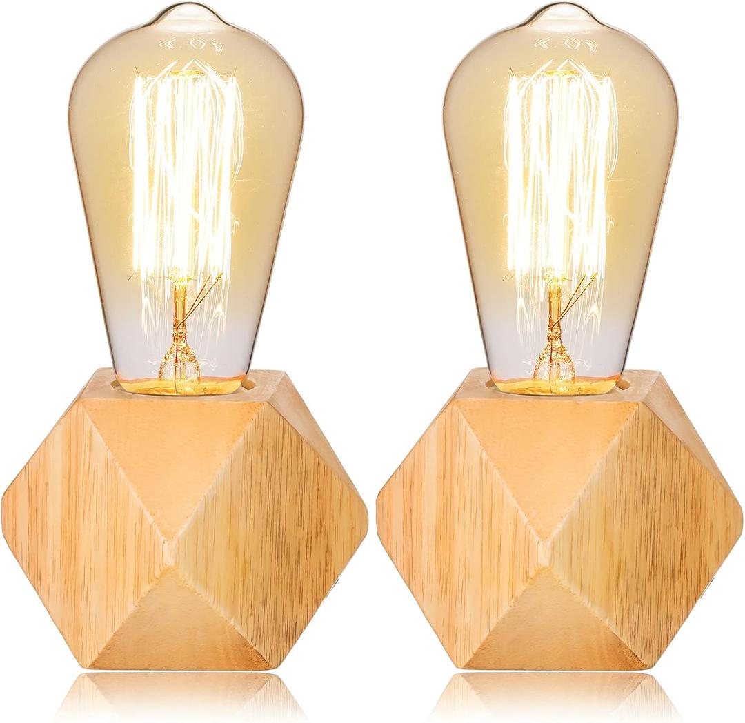Riakrum 2 Pieces Industrial Wooden Lamp Base E26/ E27 Vintage Desk Lamp with Switch Plug Wood Small Lamp Base Polygon Industrial Night Light Boho Decor for Living Room Bedroom (No Bulb)