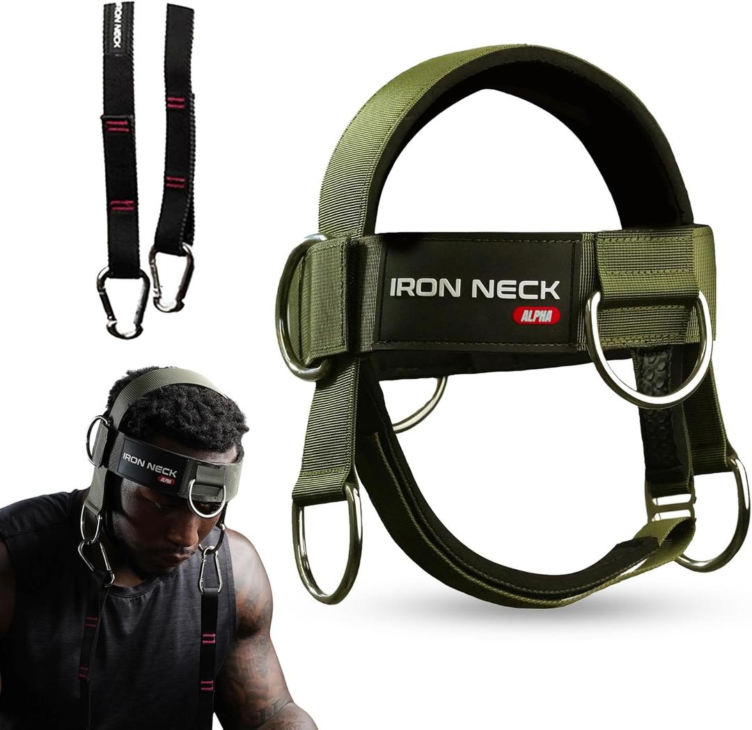 Iron Neck Neck Trainer, Exerciser, & Strengthener with Adjustable Head and Chin Strap - Portable Head Harness for Weight Lifting, Home, & Gym Use - Exercise & Workout Equipment (Alpha, Green)