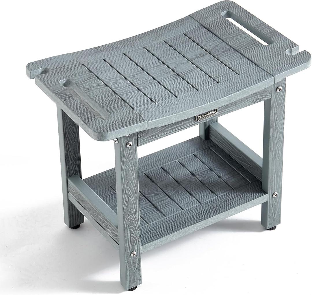 HDPS Shower Bench for Inside Shower, Gray Waterproof Shower Stool for Shaving Legs, Poly Lumber Shower Chair Seat with Handles & Shower Head Holder, Bathroom Shower Foot Rest Stool with Storage Shelf