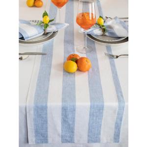 Solino Home Linen Table Runner 72 Inches Long - Cabana Stripe, 100% Pure Linen Sky Blue and White Table Runner 14 x 72 Inch for Dining, Dresser, Summer