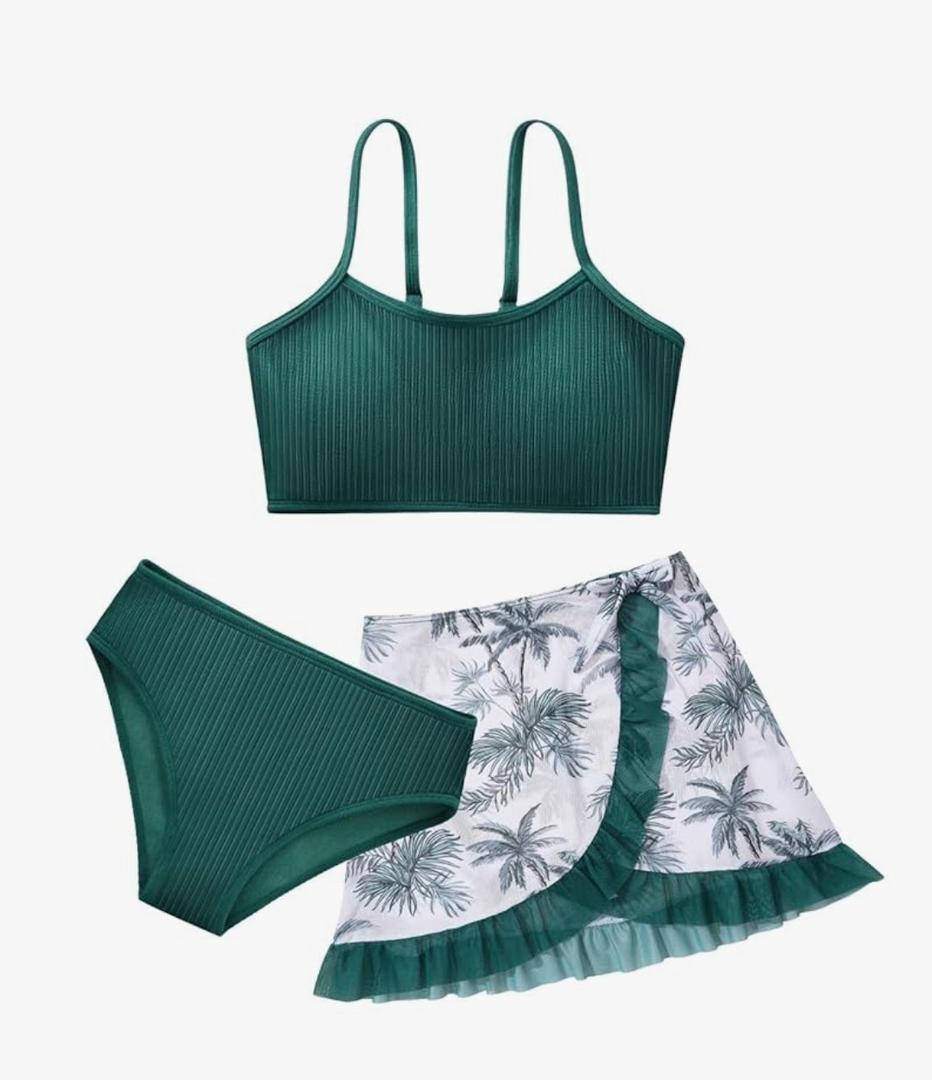 Girls 2 Piece Swimsuits with Skirts Ribbed Spaghetti Strap Bikini Sets Swim Bathing Suit for Teen Girls, 13-14 Years Old