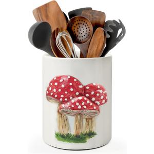 pinata Embossed Mushroom Kitchen Decor Ceramic Utensil Holder, Cute Embossed Mushroom Utensils for Farmhouse Indoor Kitchen Decorations Rustic Farmhouse Decor (6.3 inch)