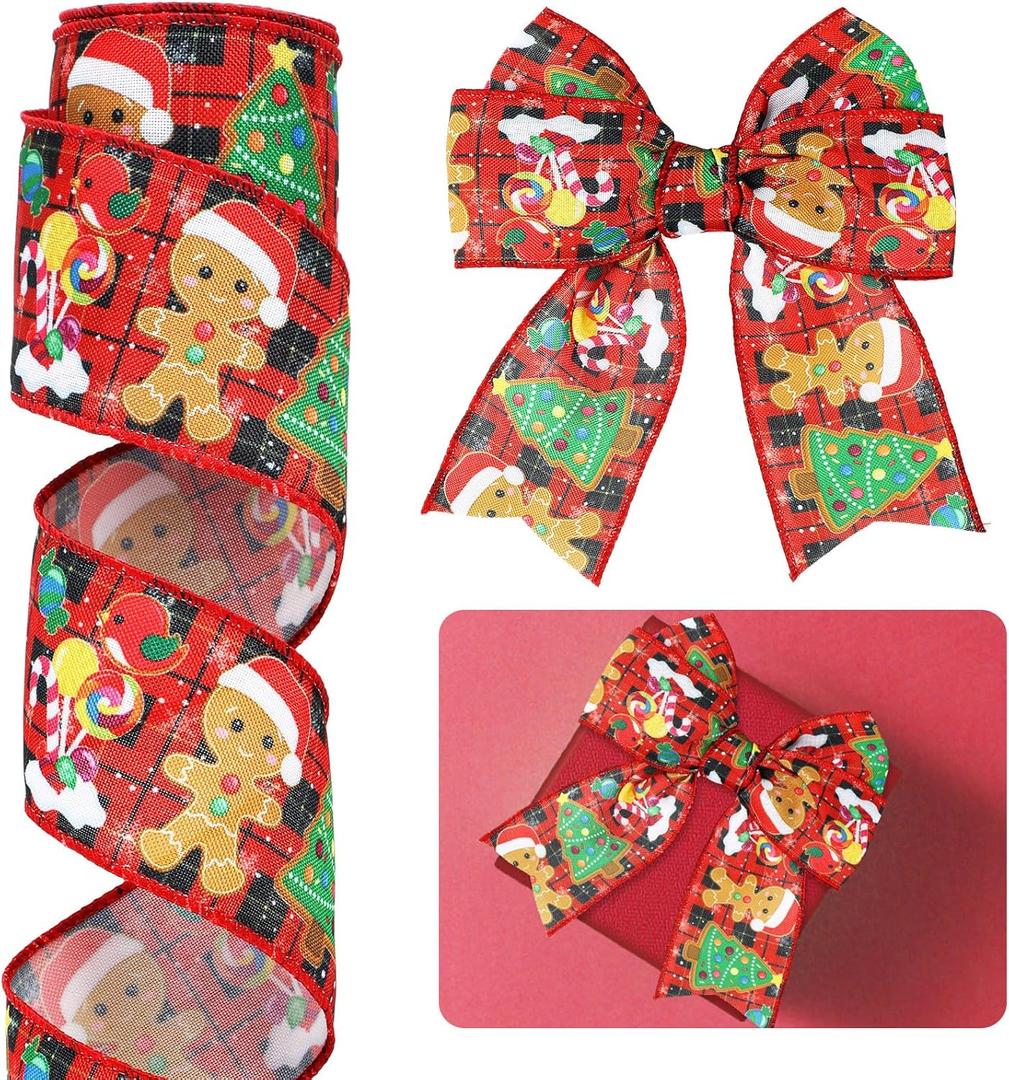 Suncalla Gingerbread Christmas Ribbon Wired- 2.5" x 10 Yds, Wired Edge, Burlap Christmas Wired Gingerbread Ribbon for Wreath, Gifts, Tree Decoration, Bows, Holiday Decorating, Crafting, Wrapping