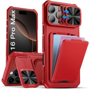 SSLOTSCASE for iPhone 16 Pro Max Case with Credit Card Holder & Lens Cover Stand & Kickstand, Multi Functional TPU Sturdy Protective Wallet Case Cover for iPhone 16 Pro Max 6.9'' 5G, Red