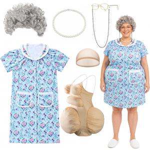 7 Pcs Halloween Fat Old Lady Costume Set, Grandma Dress Fat Suits (Blue, XXL)