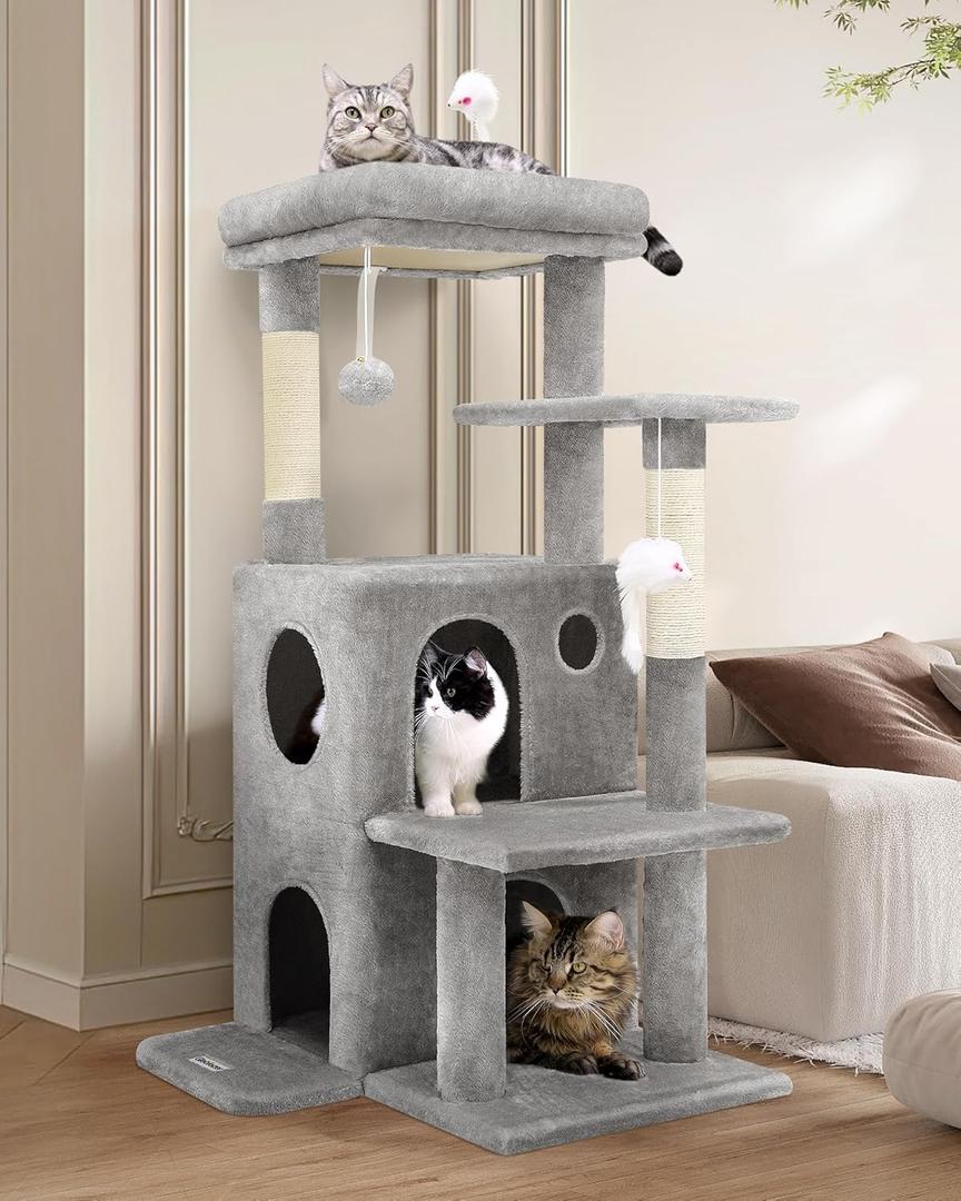 FC50 Cat Tree Tower for Indoor Cats, 50-inch Adult Cat Tree House for Large Adult Cats with Steps, Scratching Post, 2 Cat Caves, Dangling Toys, Light Grey (50inch)