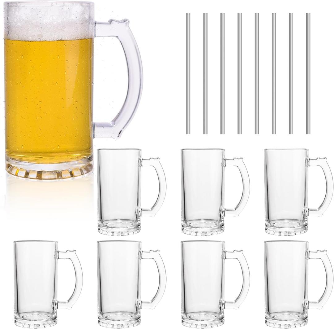 Glass Beer Mugs Set of 8,16oz Heavy Beer Mug With Handles and Straws for Tea,Coffee Thick Drinking Glasses for Freezer