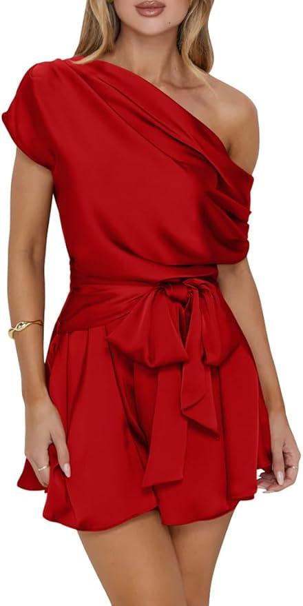 XXTAXN Summer Sexy Elegant One Shoulder Short Sleeve High Waist Curvy Dressy Rompers With Pockets
 M