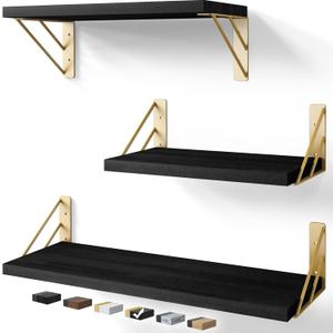 BAYKA Wall Shelves for Bedroom Decor, Floating Wall Shelves for Living Room Kitchen Storage, Wall Mounted Rustic Wood Floating Shelves for Kids Books, Corner Shelves for Bathroom, Office(Set of 3) (Black Gold)