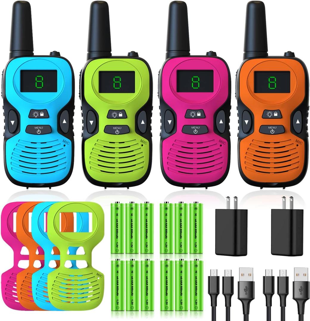 Walkie Talkies for Kids - Rechargeable 4 Pack: Walky Talky for Kids with Charger Battery - Walkie-Talkies Long Range Outdoor, Hiking, Camping Toys for 3-12 Year Old Girls Boys (Green Orange Blue Red)