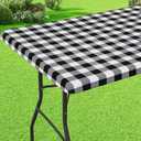 misaya Buffalo Rectangle Picnic Tablecloth, 8 Foot Elastic Fitted Vinyl Table Cloth with Flannel Backing, Waterproof Plaid Table Covers for Dining, Camping, Outdoor (Black and White, 30" x 96")