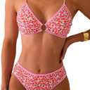 Tainehs Women's Two Piece Bikini Sets O Ring Front Top Ditsy Floral Triangle Swimsuits Cheeky Bathing Suit, S