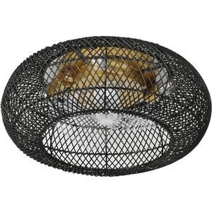 Low Profile DC Small Black and Gold Wicker Ceiling Fan with Light Fixture and Remote,Enclosed Rattan Caged Flush Mount Bladeless Wooden Fandelier for Kitchen Bedroom Indoor