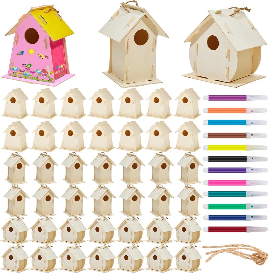 21 Sets DIY Birdhouse Kit to Build and Paint, Include Unfinished Wooden Bird House, Strips and Colorful Painting Pens for Fun Craft Activity Creative DIY Art Project