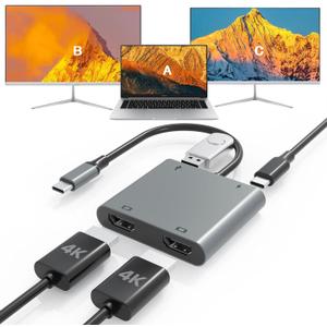 USB C to Dual HDTV Adapter, Fophmo 4K@60Hz HDTV Splitter Extend Display for Dual Monitors, macOS Only Allows Mirror Mode, Windows Allows Multi-Monitor Display 3 Separate Screens for 100W PD, USB-A Port (Grey)