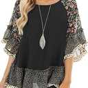 CASURESS Women's Floral Printed Ruffle 3 4 Sleeve Shirt Batwing Loose Tops Blouses Pullover (Large, Black)