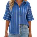 Cicy Bell Women Striped Button Down Shirt Short Sleeve Collared Blouse Tops (Blue)
